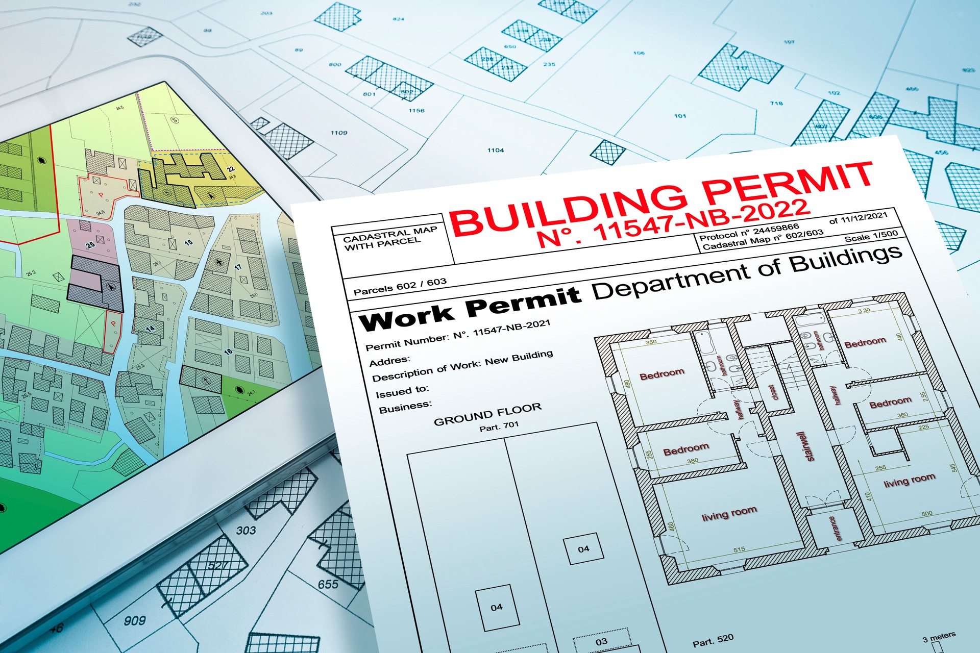 Buildings Permit concept with imaginary cadastral on digital tablet - building activity and construction industry with General Urban Plan